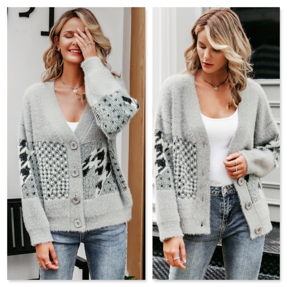 Grey Fuzzy Houndstooth Button Up Cardigan - Picture 2 of 7